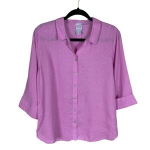 Women's Chico's Pink No Iron Linen 3/4 Sleeve Button Front Shirt Size 12 Preppy